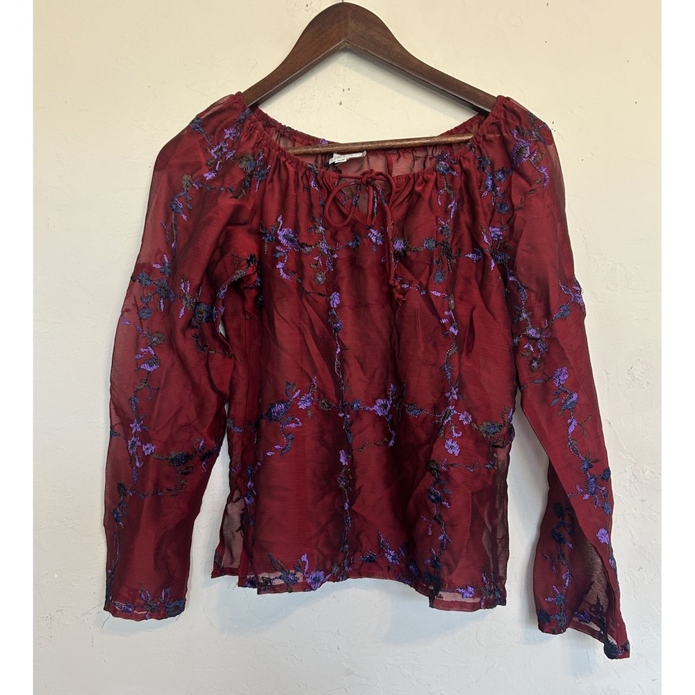 Vintage Y2K 90s Moda Intl Top Whimsigoth‎ Floral Embroidered Burgundy Sheer XS